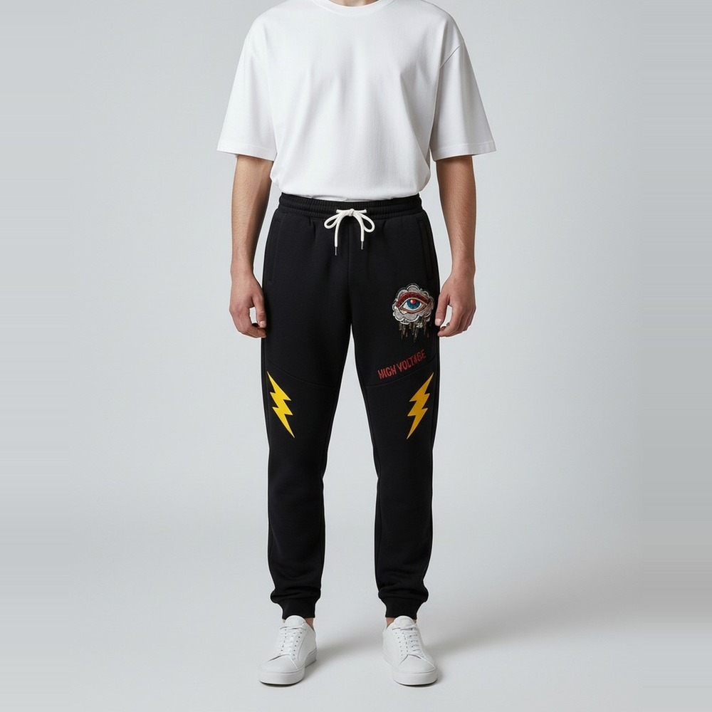Fifth Loop NWT High Voltage Joggers Mens M Black Embroidered Eye Lightning Bolt
